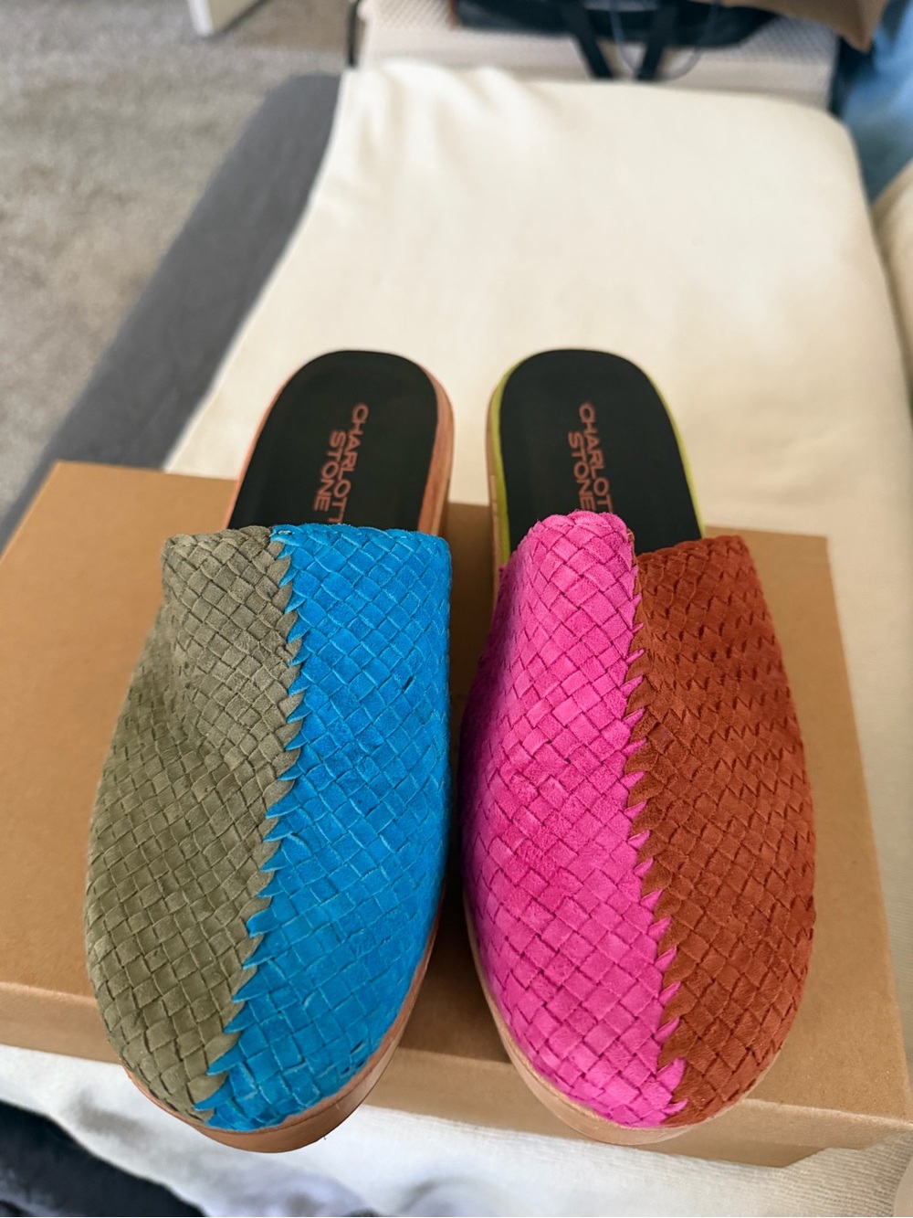 Charlotte Stone Colorblock Woven Slide Mules in Blue, Pink, Brown, Olive